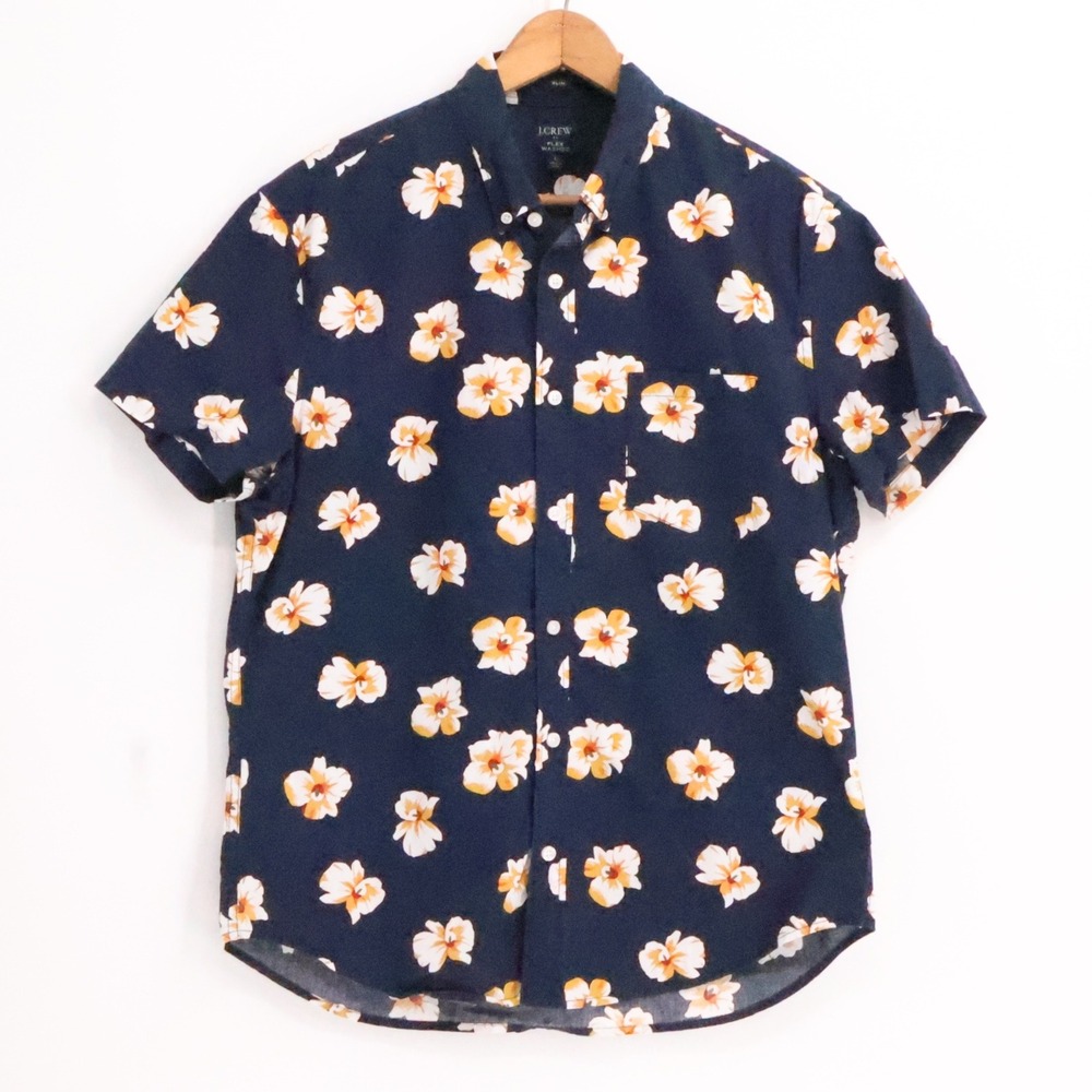 J Crew Navy Floral Short Sleeve Button Up Shirt Mens Flex Washed Slim Fit Size L
